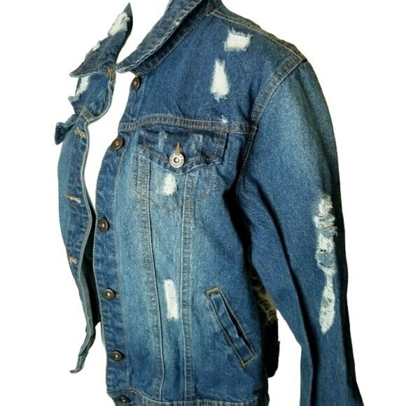 Blue Age denim jacket rainbow alien Jeans distressed Hippie boho Burning Man S/M - Picture 8 of 12